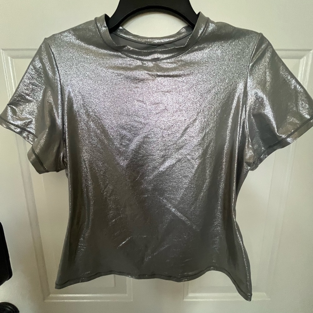 SKIMS Shimmering Silver Short Sleeve Top